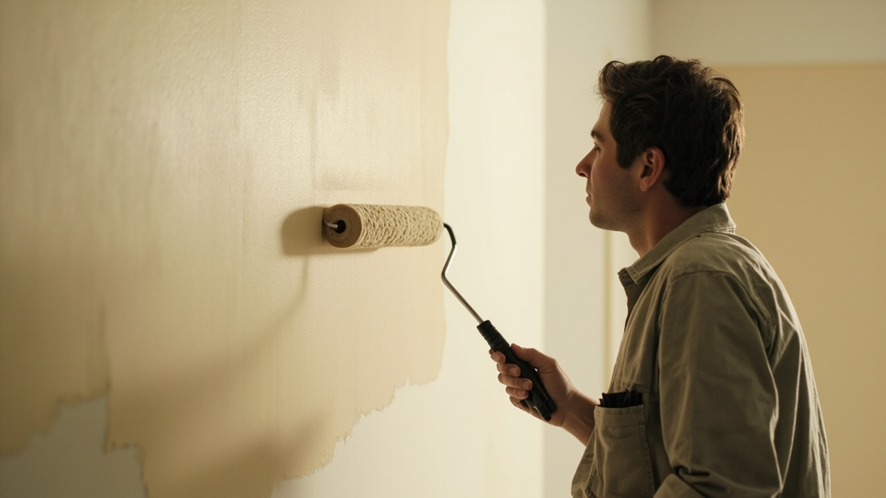 Mur blanc avec rouleau peinture impeccable  
Technique peinture mur sans traces