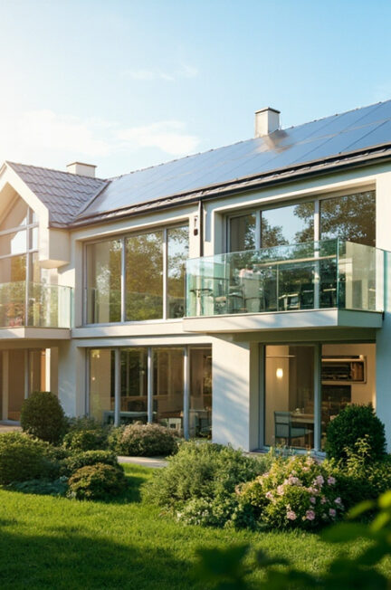 Maison passive avec panneaux solaires et fenetres grandes