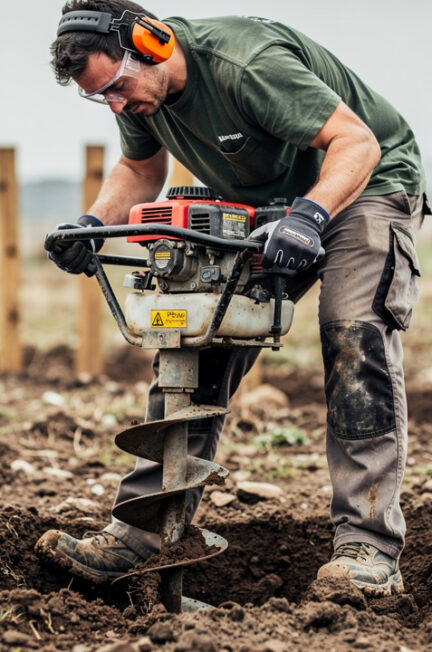 Un jardinier portant des protections auditives et des lunettes utilise une tarière thermique sur un terrain argileux, avec des poteaux de clôture en arrière-plan.