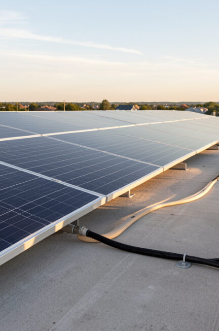 Installation résidentielle montrant des panneaux solaires reliés par un câble court à un compteur électrique, illustrant la réduction des pertes d’énergie.