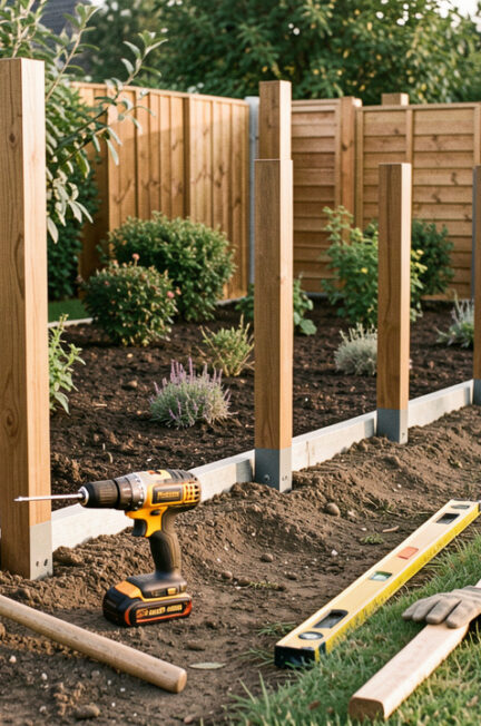 Jardin résidentiel avec une clôture moderne en cours de pose, des poteaux alignés et des outils de bricolage disposés au sol.