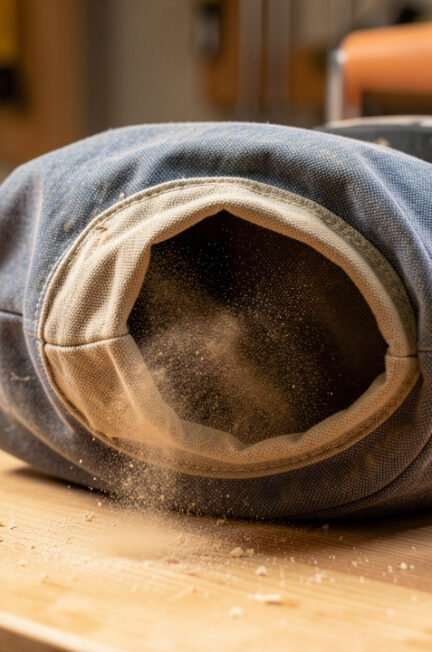 Sac filtrant en tissu solidement fixé à une ponceuse orbitale sur un établi, avec de la sciure retenue par le filtre.