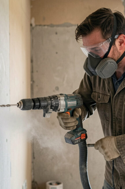 Un homme bricoleur portant un masque respiratoire bien ajusté perce un mur en béton avec une perceuse reliée à un système d’aspiration des poussières dans une pièce en rénovation.