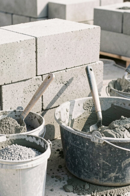 Seau de mortier gris fraîchement mélangé avec truelle, matériaux dosés et parpaings prêts à être montés.