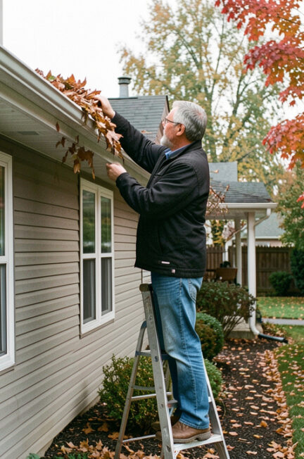 Un propriétaire inspecte les gouttières de sa maison individuelle au milieu des feuilles colorées d’automne, dans une ambiance fraîche et réaliste.