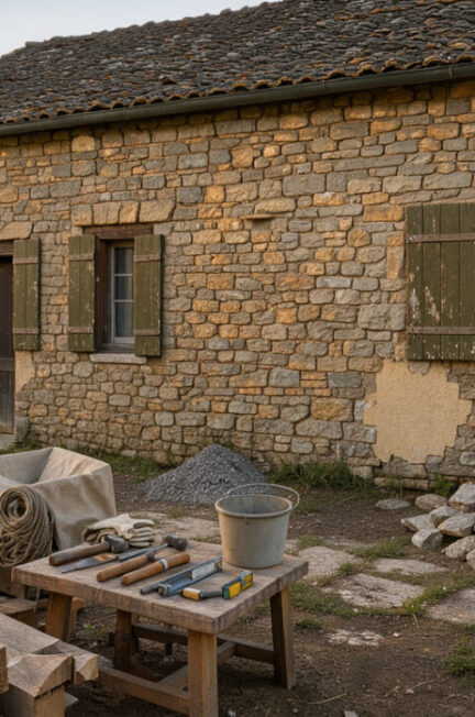 Ancienne maison familiale en pierre à la façade patinée, avec volets en bois et chantier de rénovation soigneusement organisé au petit matin.