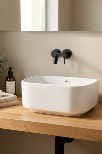Plan de travail en bois clair dans une salle de bain moderne, équipé d’une vasque blanche à poser et d’un robinet noir mat.