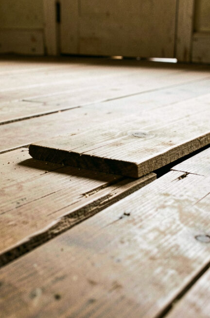 Gros plan sur un vieux plancher en bois dont une lame est légèrement soulevée et présente des espaces visibles.