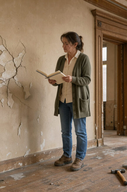 Propriétaire inspectant l’intérieur d’une maison ancienne avec un carnet aux pages vierges, sous une lumière naturelle, entourée de quelques outils de bricolage discrets.